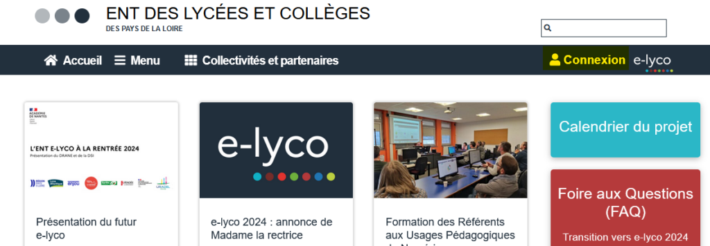 Capture d'écran de la page publique d'e-lyco actuellement